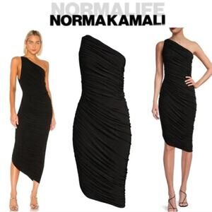 Norma Kamali Diana Ruched One-Shoulder Midi-Dress in Black Size M